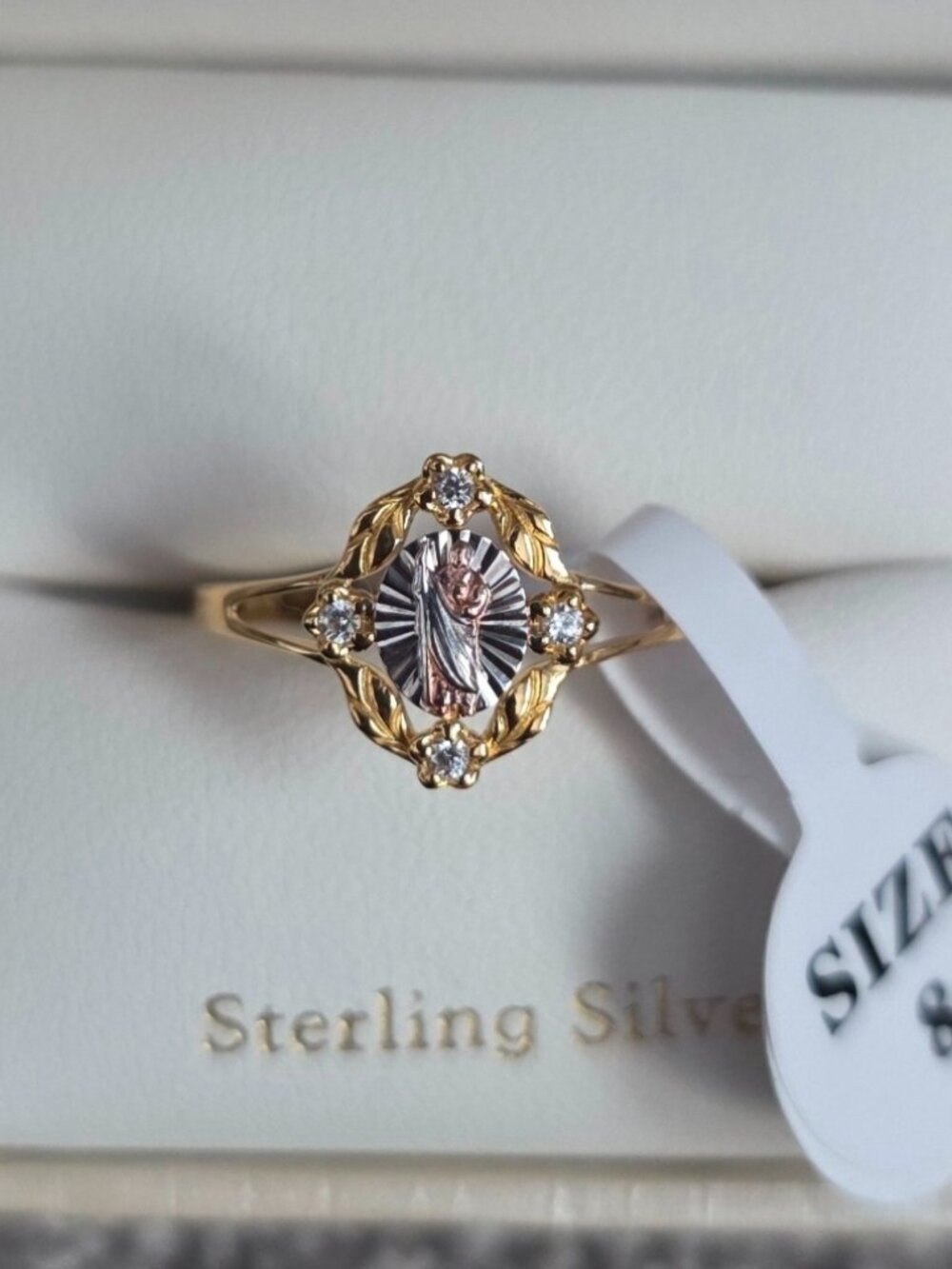 Cynthia White Sterling Silver Virgin Mary Cubic Zirconia Ring Size:8